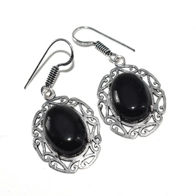 Oval Black Onyx Gemstone Jewelry Filigree Handmade Earring 1'' to 2'' h422 - Image 1 of 4