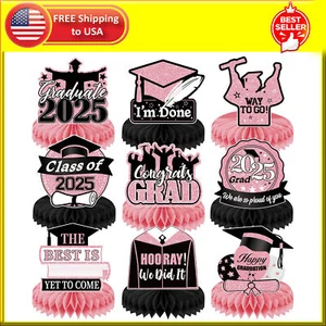 Pink Graduation Decorations Class of 2025 Honeycomb Centerpiece 9Pcs Double - Picture 1 of 9