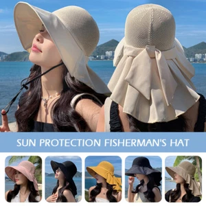 Breathable Women Mesh Wide Brim Bucket Fisherman Sun Hat Shawl Cap Cover Neck - Picture 1 of 20