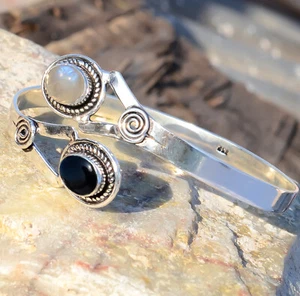 Rainbow Moonstone, Black Onyx Jewelry Cuff 925 Sterling Silver Handmade Bangle - Picture 1 of 6