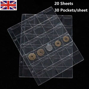 20x 30 Pockets Plastic Coin Holders Collection Album Pages Sheets Sleeves - Picture 1 of 6