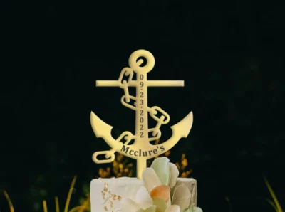 Decoração de bolo de casamento âncora, cobertura de bolo de casamento personalizada, cobertura de bolo de casamento azul marinho - Imagem 1 de 4