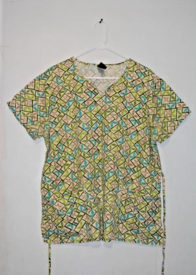 Cherokee Studio Women’s Large Green Flower Leaf Scrub Top Style 3805 Color CELT - Image 1 of 4