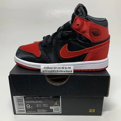 Jordan 1 High Satin Bred Toddler Size 9c New FD5305-061 Black University Red TD - Image 1 of 4