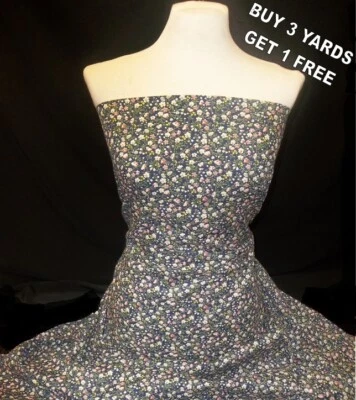 Navy Blue White Floral Ditsy Cotton Print Dress Craft Fabric Material