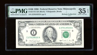 DBR 1990 $100 FRN Minneapolis Fr. 2173-I PMG 35 EPQ Serial I27018522A - Image 1 of 2