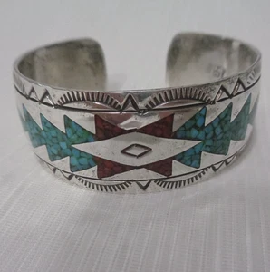 VTG Signed HB Harold Becenti Turquoise and Coral Chip Inlay Cuff Bracelet EUC - Picture 1 of 6