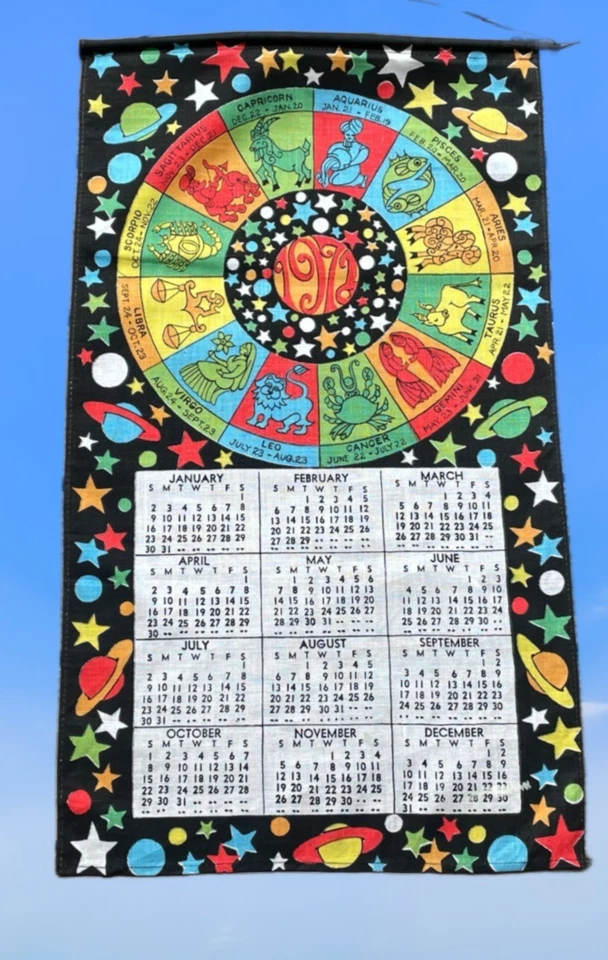 Leap Year 1972 linen calendar zodiac signs tea towel 1916 1944 1972 2000 2028 - Image 1 of 4