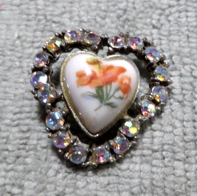 Vintage Antique Porcelain Heart & Rhinestones Paste Button FLOWER - Image 1 of 4