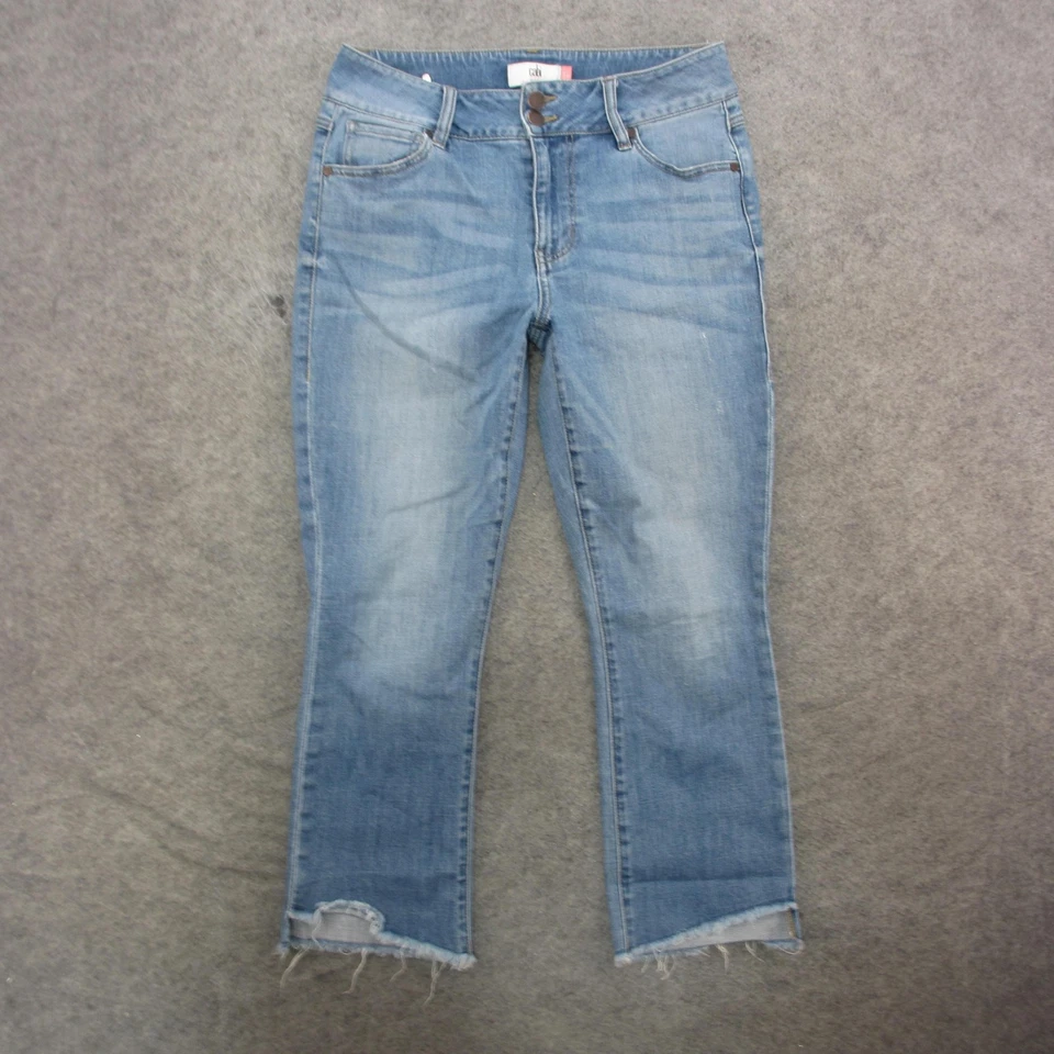 Cabi Jeans Womens 8 Blue Hi Low Crop Raw Frayed Hem Stretch Denim Pants - Image 1 of 4