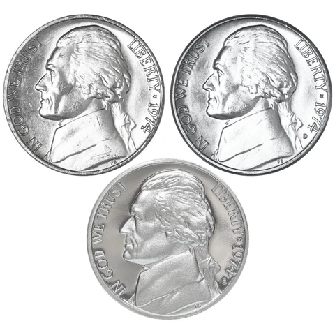 1974 P D S Jefferson Nickel Year Set Proof & BU US 3 Coin Lot Cover
