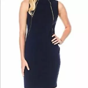 Calvin Klein Gold Tone Double Zip Indigo Blue Sheath Dress Sleeveless Women's 6 - Foto 1 di 7