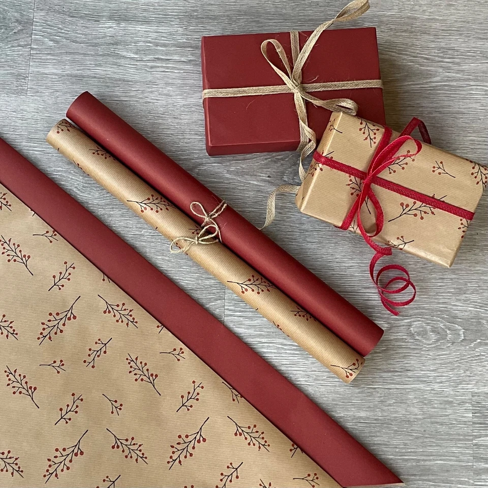 Christmas Wrapping Paper KRAFT Berries & Red Duo Pack Eco Recyclable Jute Ribbon