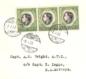 SOUTH WEST AFRICA Air 1937 Cover SAA FIRST 1½d RATE Windhoek Pietersburg YJ177 - Picture 1 of 9