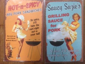 BBQ Pinup Girl TIN SIGN set 2 Retro Vtg Pool Bar-B-Q decor funny metal 16”x10” - Picture 1 of 4