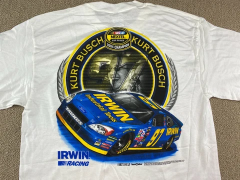 2004 Nextel Cup Series Champion Kurt Busch Shirt NASCAR Gray Irwin Roush VTG Cover