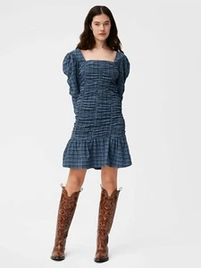 Ganni Seersucker Gathered Mini Dress Check Blue Size 32/0 - Picture 1 of 6