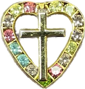 Vintage Gold Tone Cross in Heart Pinback with Multi Color Rhinestones - Picture 1 of 4