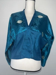 Tibetan Wonju silk top shirt Blue Medallion traditional costume Size S-M - Picture 1 of 4