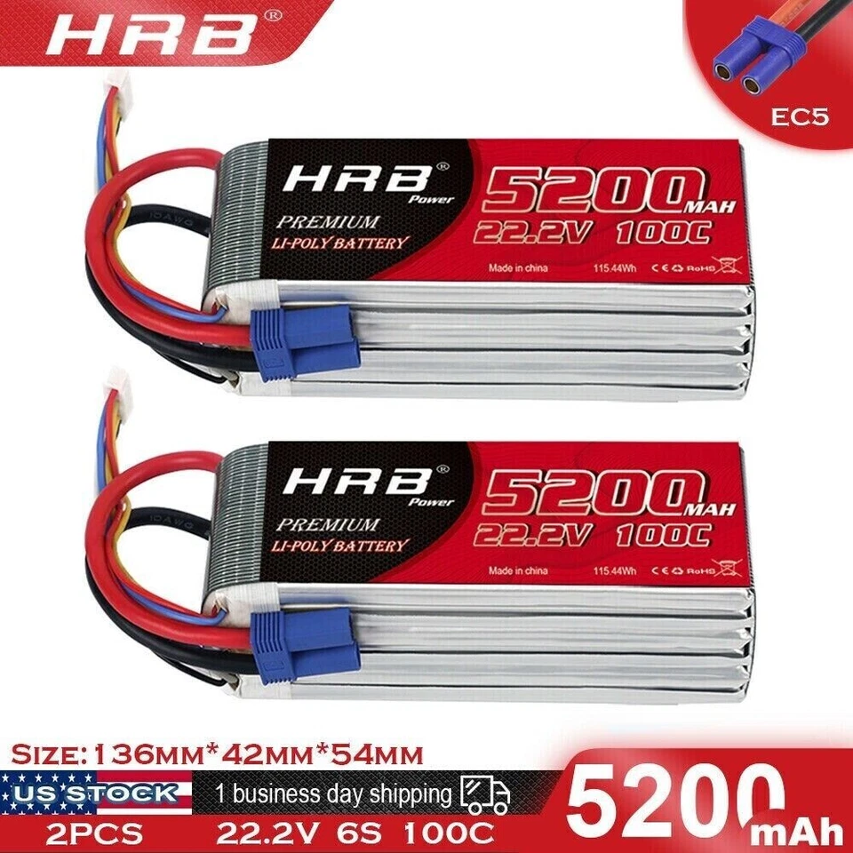 Batería LiPo HRB 22.2V 6S 5200mAh 100C EC5 para RC Helicóptero Avión Camión Foto 1 de 4