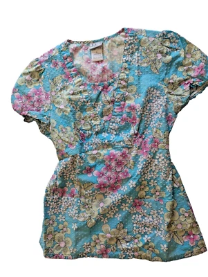 Studio B чероки женщин Топ синий S галстук назад цветочный блузка хлопок Puff рукав - Изображение 1 из 4