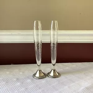 Pair Of Vintage Weighted Sterling Silver Etched Glass Vases, 9 7/8” Tall - Picture 1 of 11