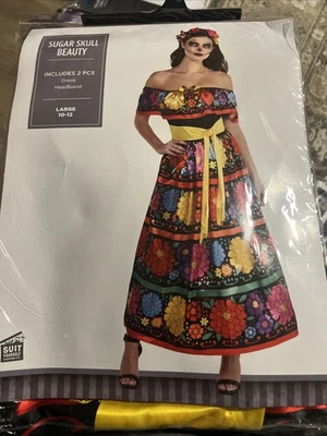 Day Of The Dead Sugar Skull Beauty Floral Multi-Color 1PC Dress LARGE 10-12 NEW - Image 1 of 4