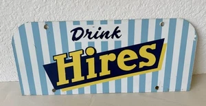 Vintage 1950s Drink Hires Root Beer Metal Soda Advertising Sign 14” Striped - Picture 1 of 9