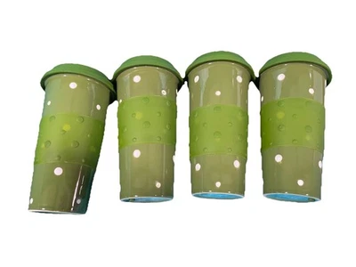 Temp-Tations Tumbler Set 4 Green Polka Dots 12oz Travel Cups Silicone Lids Gift - Image 1 of 4