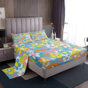 70s Groovy Flower Bed Sheets Twin Rainbow Flowers Sheet Set for Kids Child Gi... - Foto 1 di 5