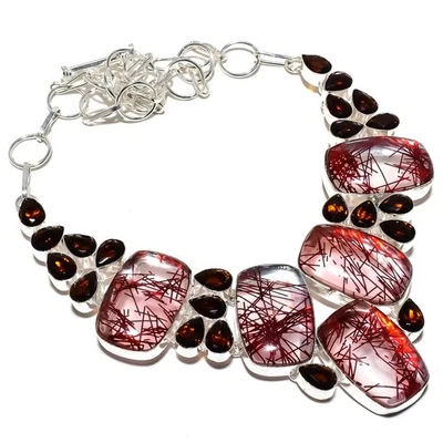 Rosso Rutilo Quarzo, Granato Gemma 925 Argento Sterling Gioielli Collana 45.7cm - Immagine 1 di 4