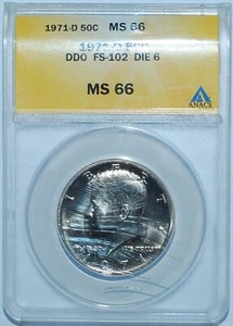 1971 D ANACS MS66 FS-102 DDO Double Doubled Die Obverse Kennedy Half Dollar - Picture 1 of 3