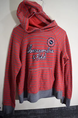 Abercrombie YOUTH L Hoodie Red Gray Striped SEWN Spellout Logo Pullover - Image 1 of 4