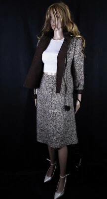 Vtg. Miss Balmain  75% Mohair Wool Suit Kostüm All Season Brown Creme Gr M - Bild 1 von 4