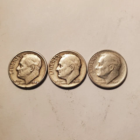 1949 PDS Silver Roosevelt Dimes Lot of 3 coins Cover