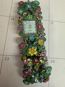 Floral Enamel and Rhinestone Quartz Watch with Stretch Band - Picture 1 of 4