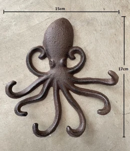 Cast Iron Octopus Garden Figure Wall Ornament Key Ring Hook Rustic Brown 15x17cm - Picture 1 of 4