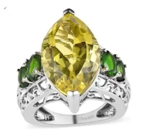 Marquise Ouro Verde Quartz & Chrome Diopside Ring Vermeil YG & Platinum Plated - Picture 1 of 4