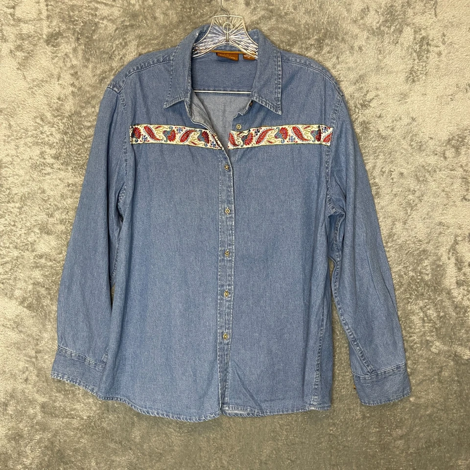 Vtg Women 90s Embroidered Paisley Western Chambray Denim Button Front Shirt XL - Image 1 of 4