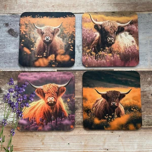 Highland Cows in the Field Set Of 4 Neoprene Coasters Birthday gift - Picture 1 of 2