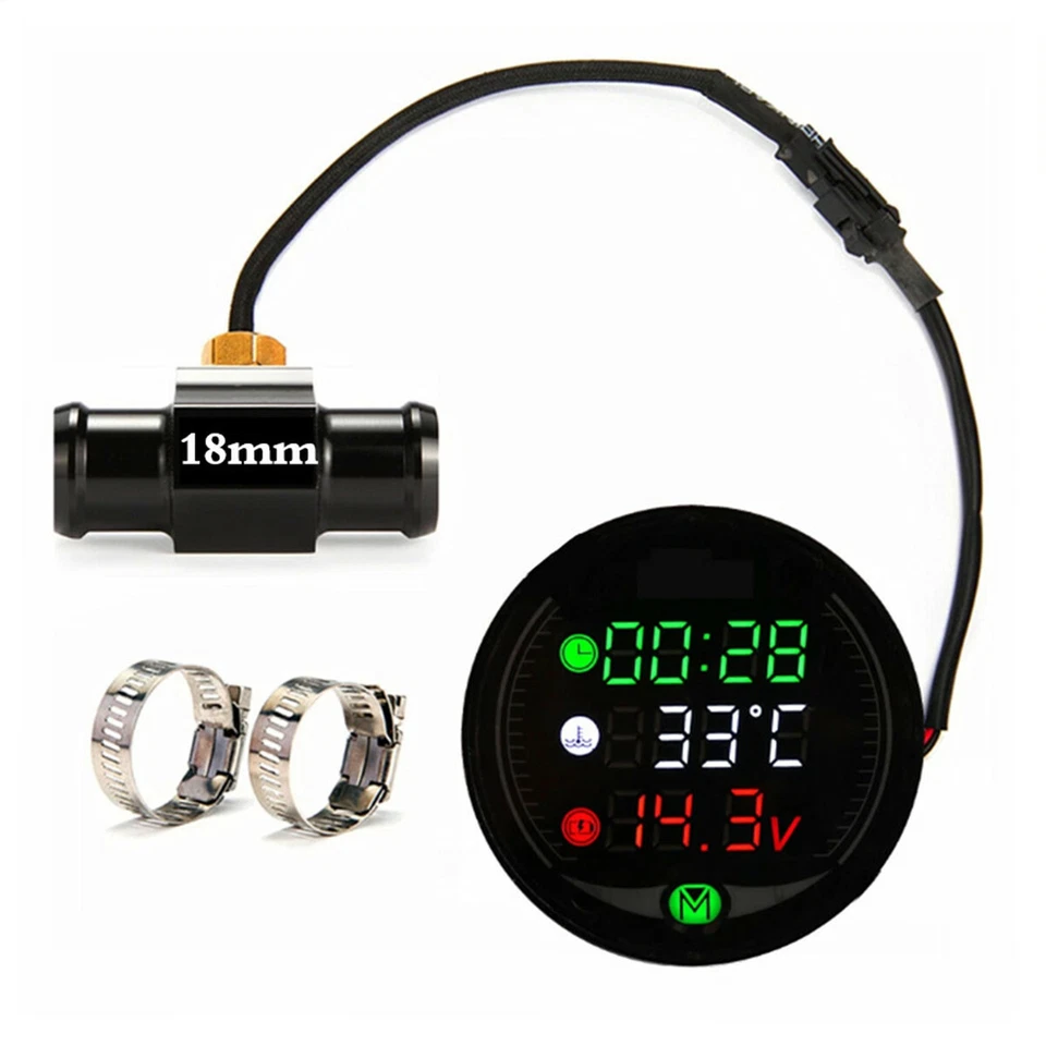 12V Motorcycle Digital LED Display Water Thermometer Clock Gauge w/18mm Sensor - Image 1 of 4