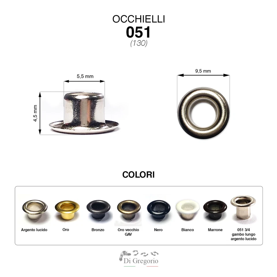 Occhielli 051 foro Ø 5,5mm Ferro/Ottone 100 pz per borse scarpe stoffa cuoio - Immagine 1 di 2