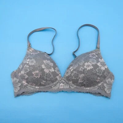 Victorias Secret Push Up Bra 34B Gray Lace Trim Underwired Padded Lingerie New - Image 1 of 4