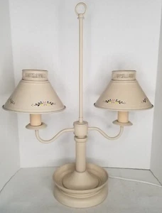 VTG Double Arm Tole Table Desk Lamp Beige With Flowers Shabby Chic Farmhouse - Picture 1 of 9