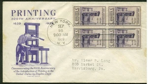 857 BLOCK of 4 PRINTING PRESS FDC NEW YORK, NY 9/25/39 PLANTY 857-12 GRIMSLAND - Picture 1 of 1