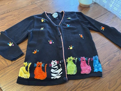 vtg quacker factory womens L cardigan sweater kitty cats paws - Image 1 of 3