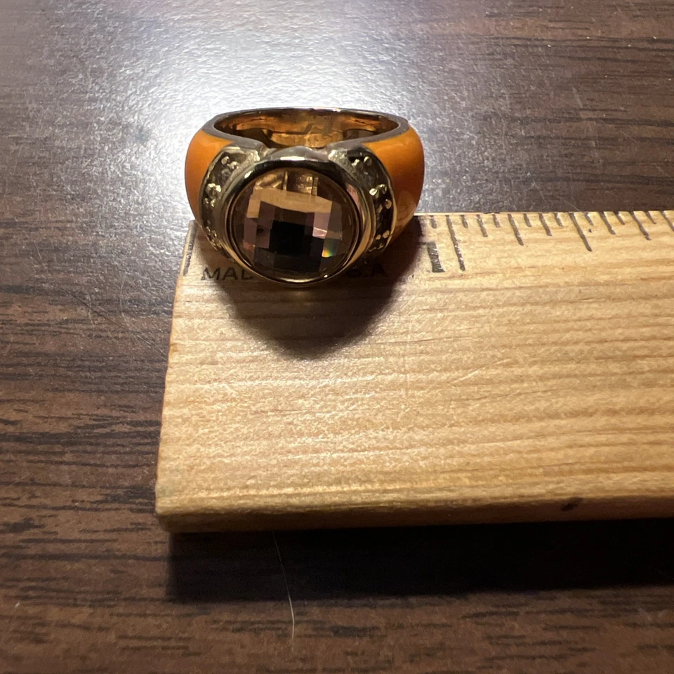 Stainless Steel Orange Enamel with Round CZ Solitaire with Accents Ring Size 7 - Image 1 of 4