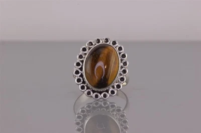 Anillo de plata esterlina con bisel circular ovalado ojo de tigre cabujón banda 925 talla: 7 Foto 1 de 4