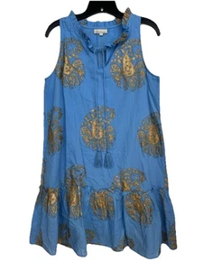 Fitzroy & Willa Blue Gold Sleeveless Dress Women's Size Small Tassels Ruffle - Picture 1 of 10