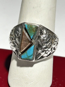 Vintage Sterling Silver 925 Turquoise & MOP Floral Shoulders Ring SiZe 9
